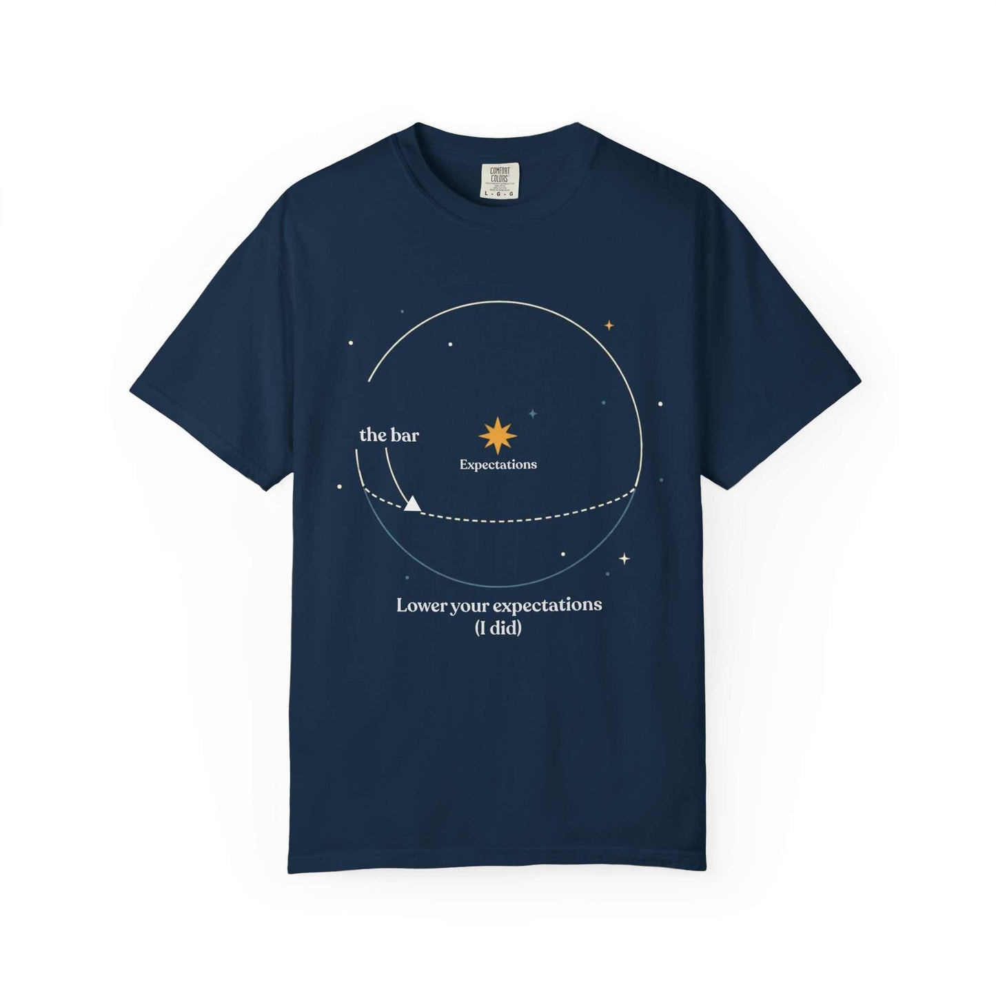 Navy blue astronomy-themed graphic tee showing orbit diagram with humorous text and stars.