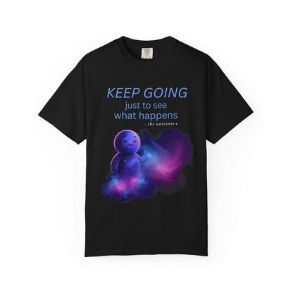 Black motivational t-shirt with smiling space baby, cosmic art, and 'Keep Going' quote.