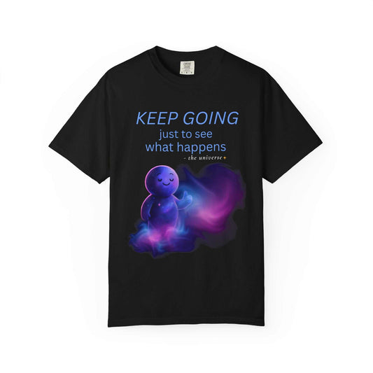 Black motivational t-shirt with smiling space baby, cosmic art, and 'Keep Going' quote.