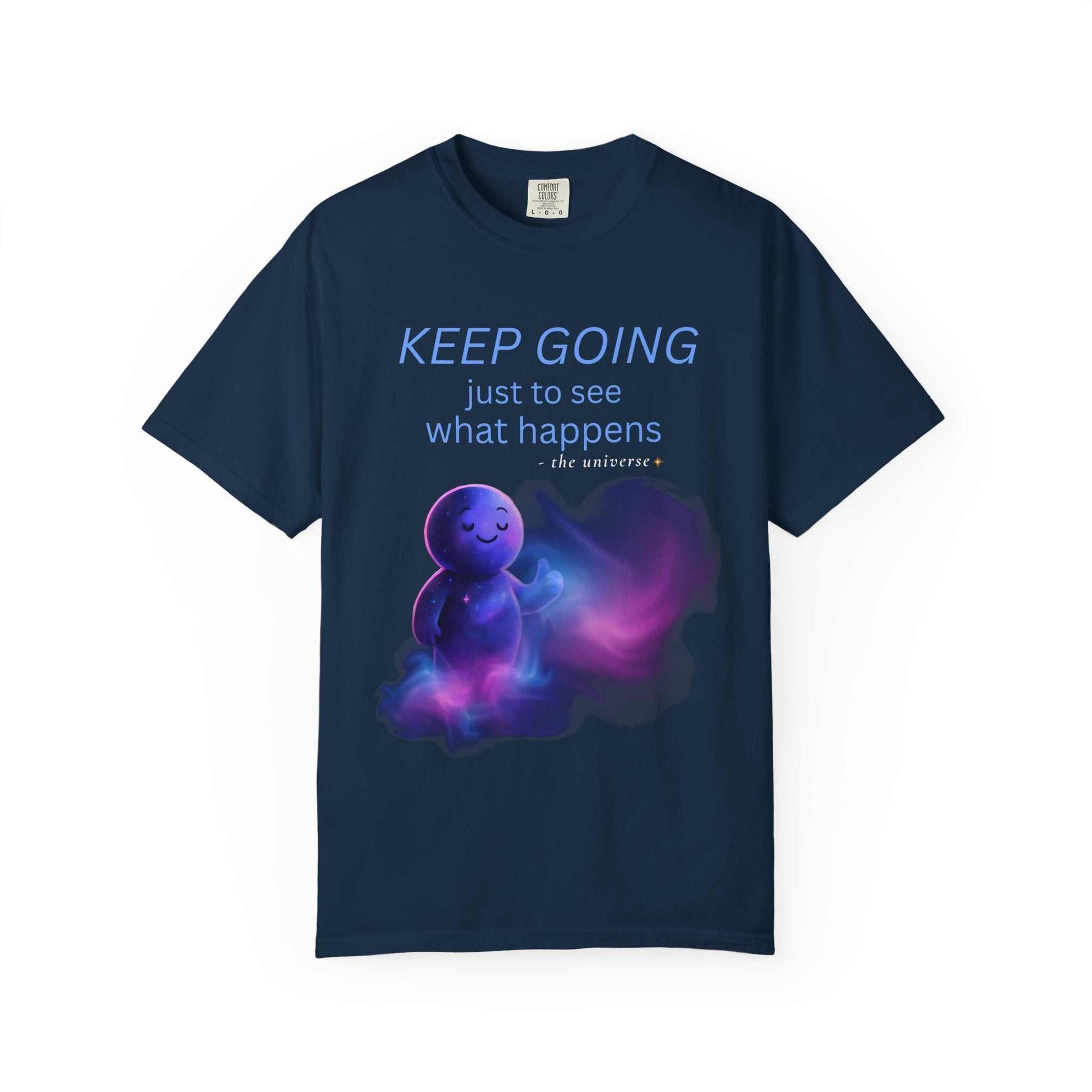 Navy t-shirt with cute space baby graphic and 'Keep Going Just to See What Happens' inspirational quote