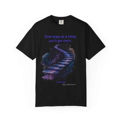 Black Youniverses T-shirt with a galaxy stairway and motivational quote design