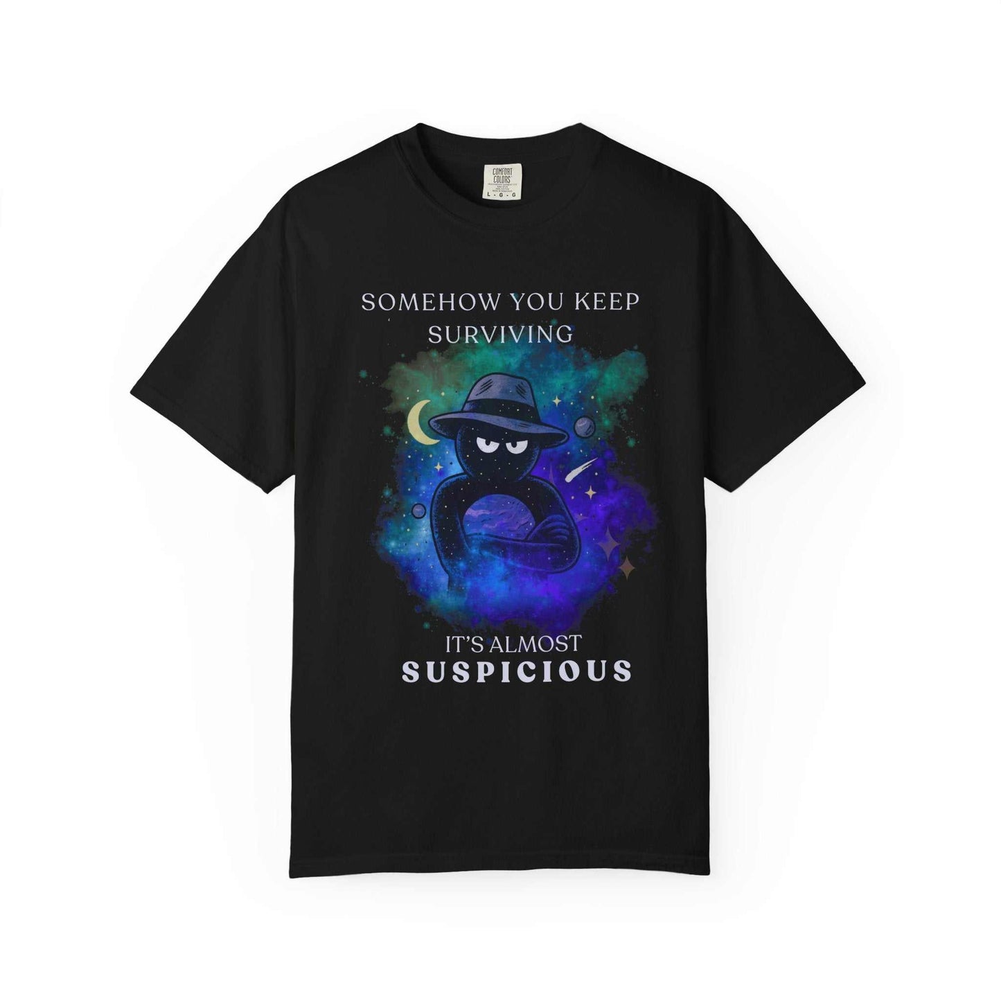 Black Youniverses t-shirt with cosmic cartoon figure, funny text, space design