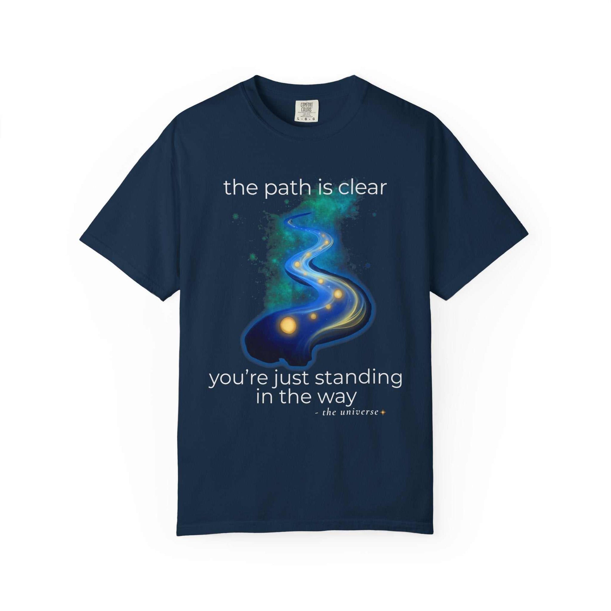 Navy blue Youniverses t-shirt with spiritual path graphic and inspirational quote.