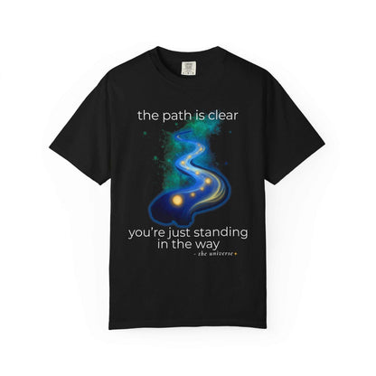 Black graphic T-shirt with blue cosmic path and inspirational quote, Youniverses spiritual tee