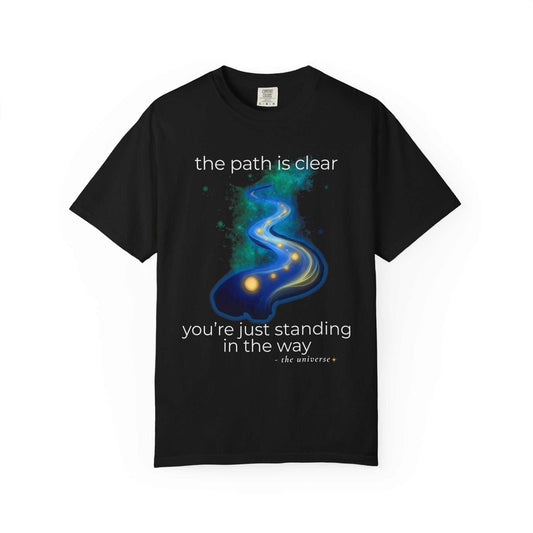 Black graphic T-shirt with blue cosmic path and inspirational quote, Youniverses spiritual tee