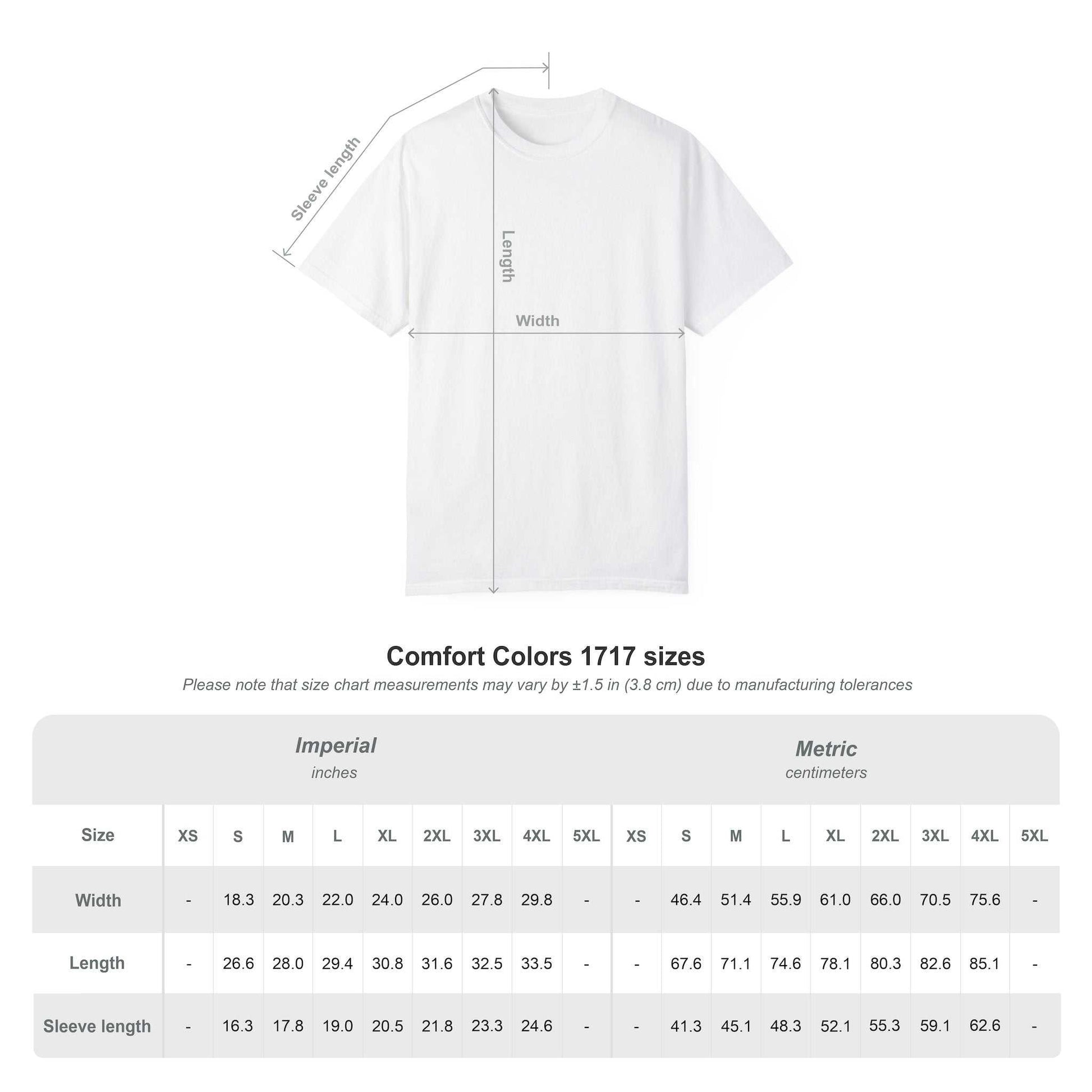 Comfort Colors 1717 t-shirt size chart with sleeve, length, and width measurements in inches and centimeters.