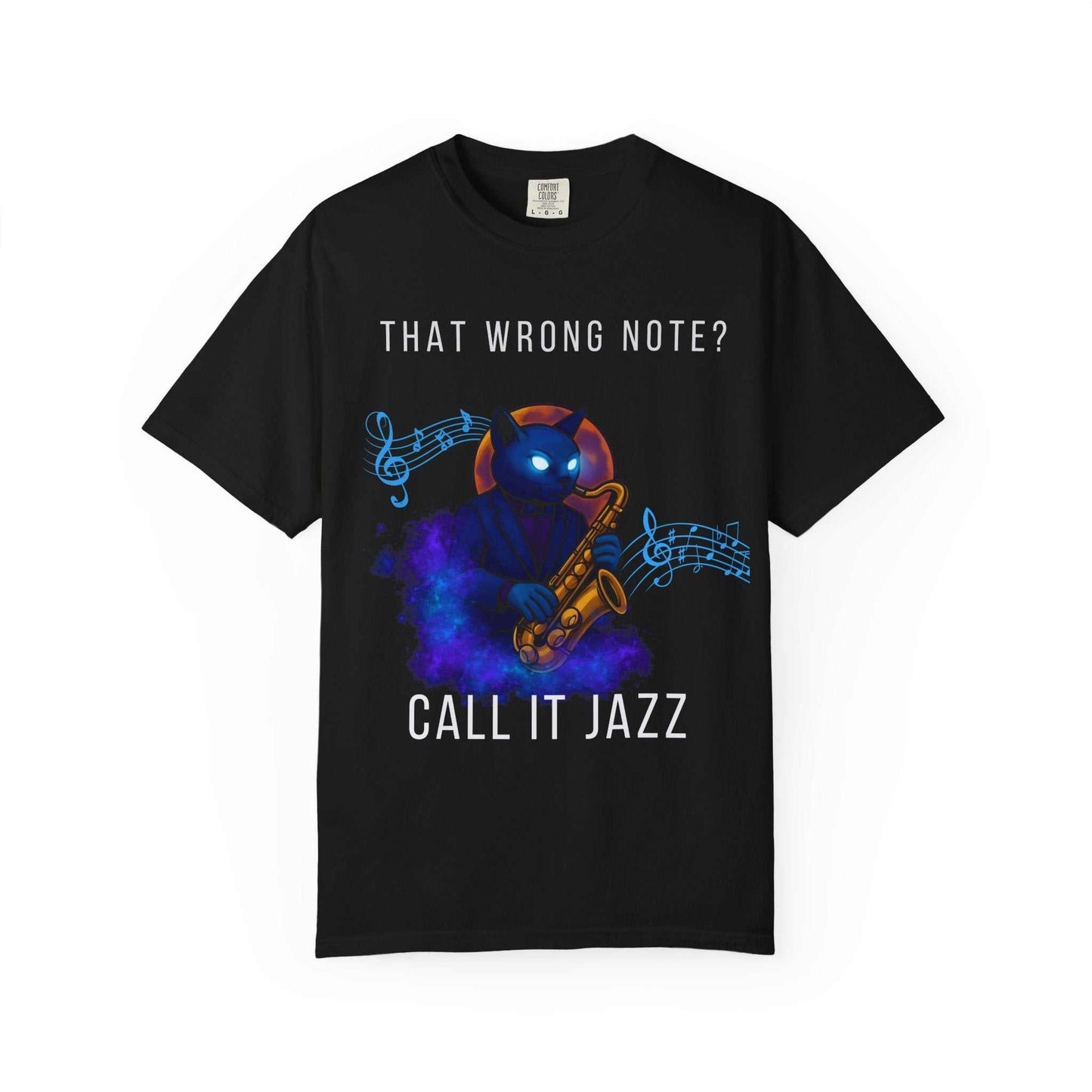Funny musician t-shirt with cartoon cat playing saxophone, 'That Wrong Note? Call It Jazz' text.