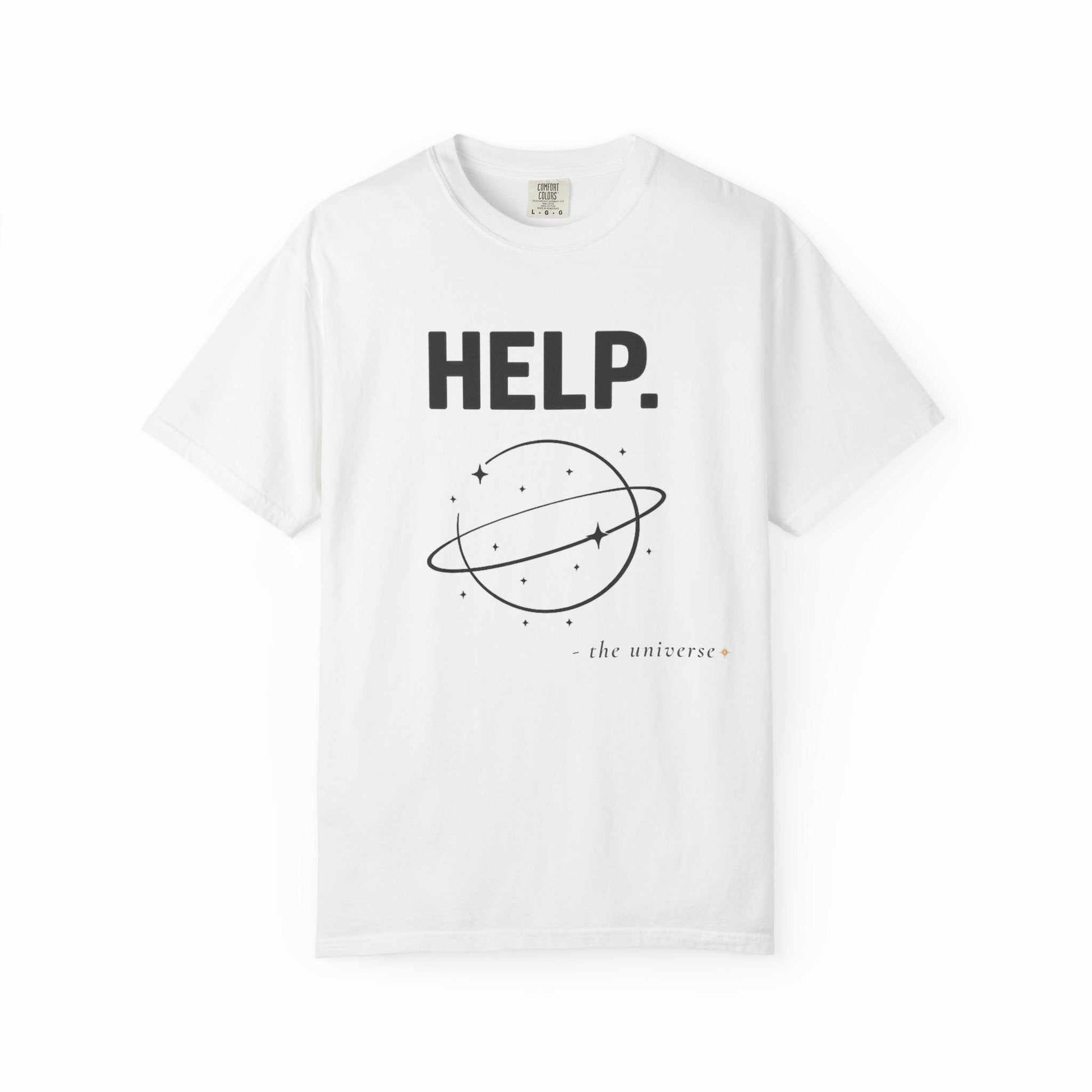 White graphic t-shirt with 'HELP. the universe' text and planet illustration, Youniverses product