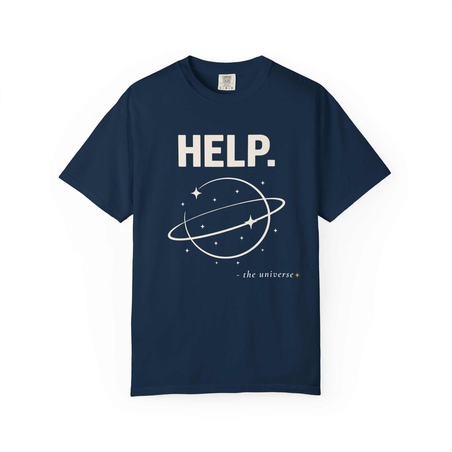 Navy blue graphic T-shirt with 'HELP. - the universe' and planet design, Youniverses tee