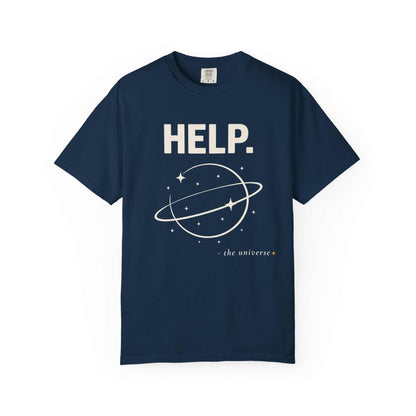 Navy blue graphic T-shirt with 'HELP. - the universe' and planet design, Youniverses tee