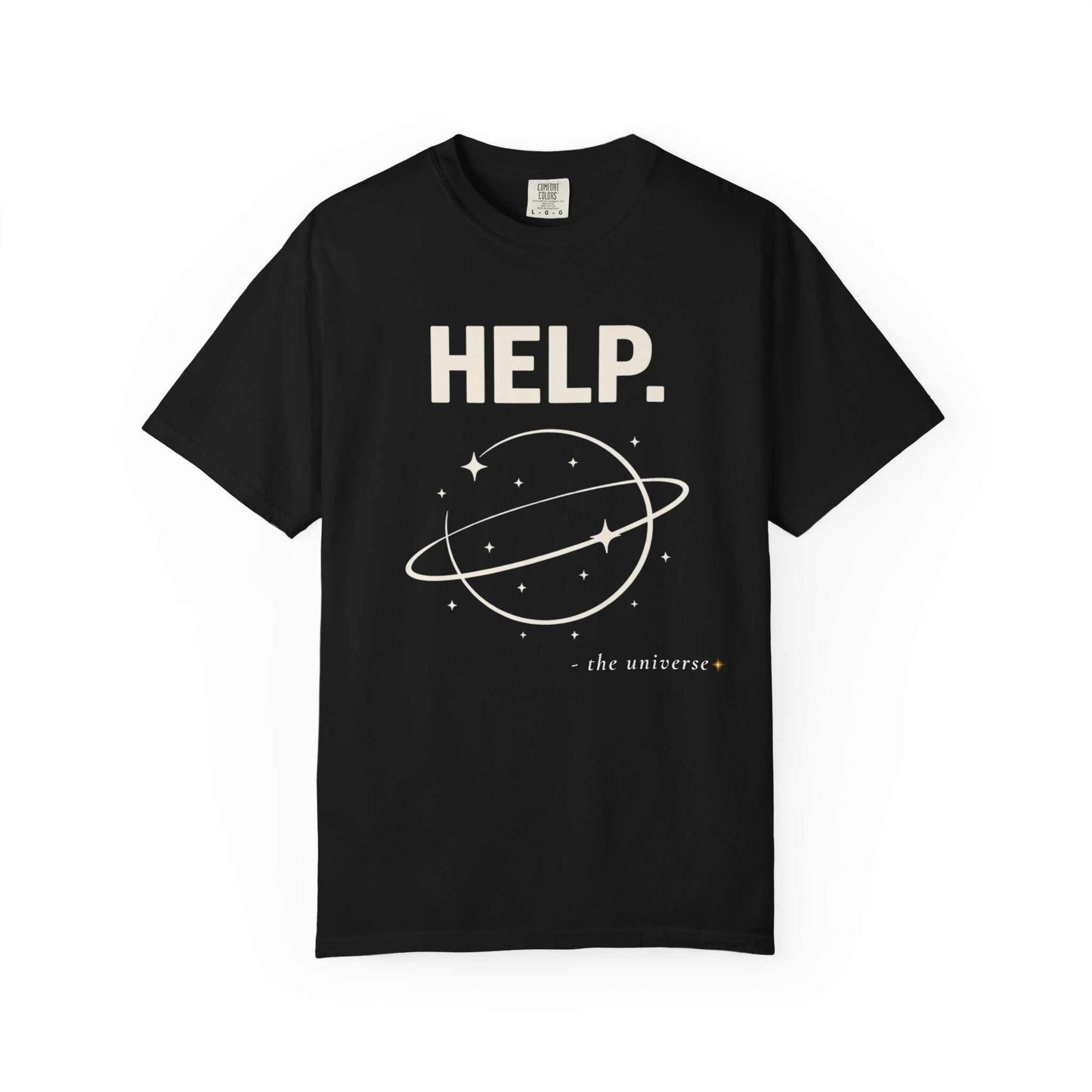 Black graphic t-shirt with 'HELP.' text, planet and stars design from Youniverses