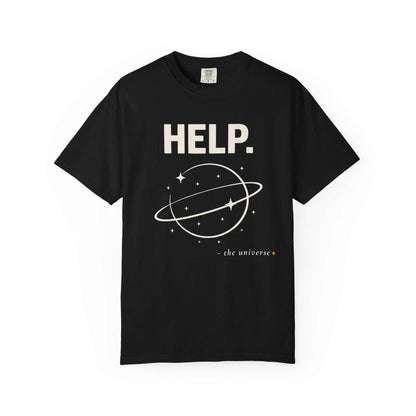 Black graphic t-shirt with 'HELP.' text, planet and stars design from Youniverses