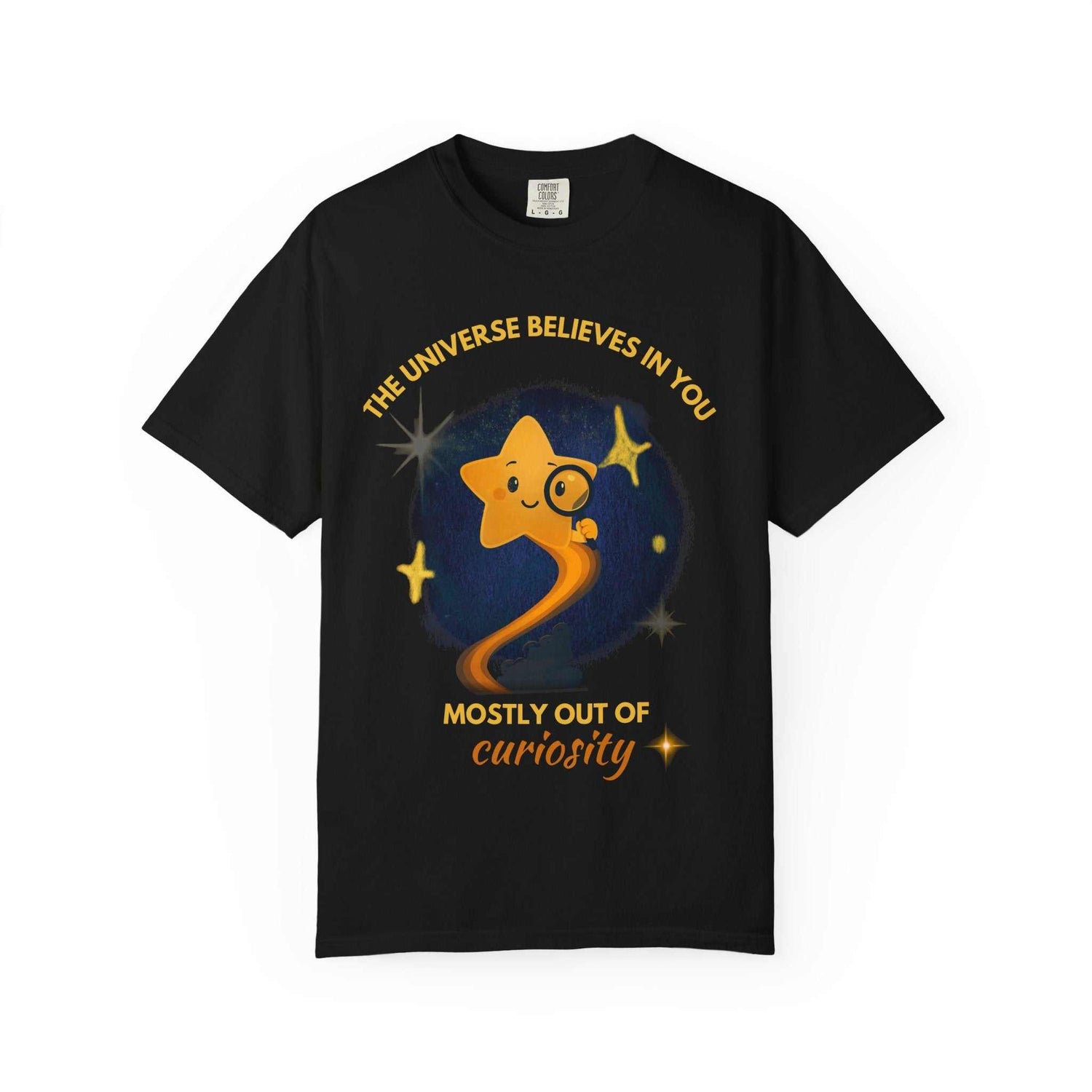 Black Youniverses T-shirt with cute cartoon star, magnifying glass, and cosmic quote graphic