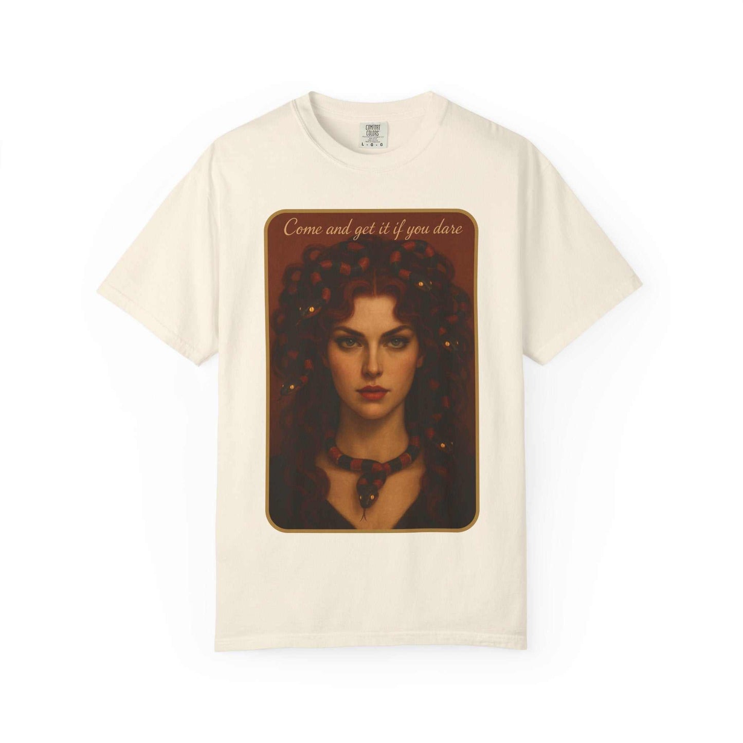 Vintage gothic t-shirt with Medusa-inspired portrait and 'Come and get it if you dare' text
