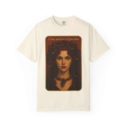 Vintage gothic t-shirt with Medusa-inspired portrait and 'Come and get it if you dare' text