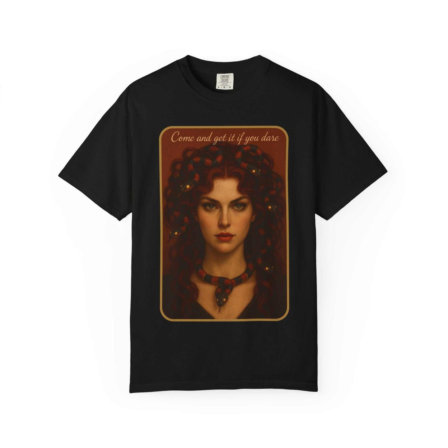 Black vintage gothic t-shirt with Medusa-inspired female portrait and 'Come and get it if you dare' text.