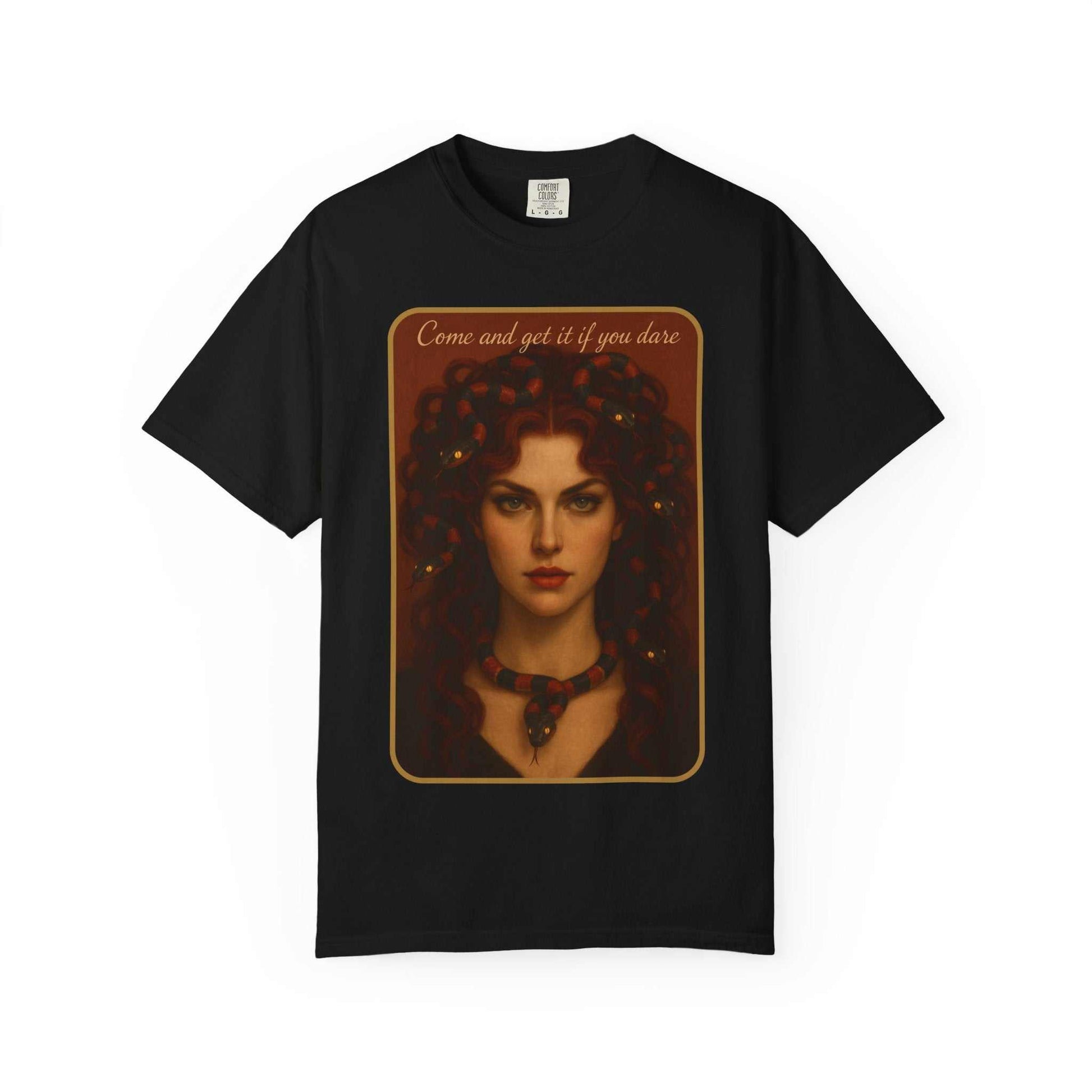 Black vintage gothic t-shirt with Medusa-inspired female portrait and 'Come and get it if you dare' text.
