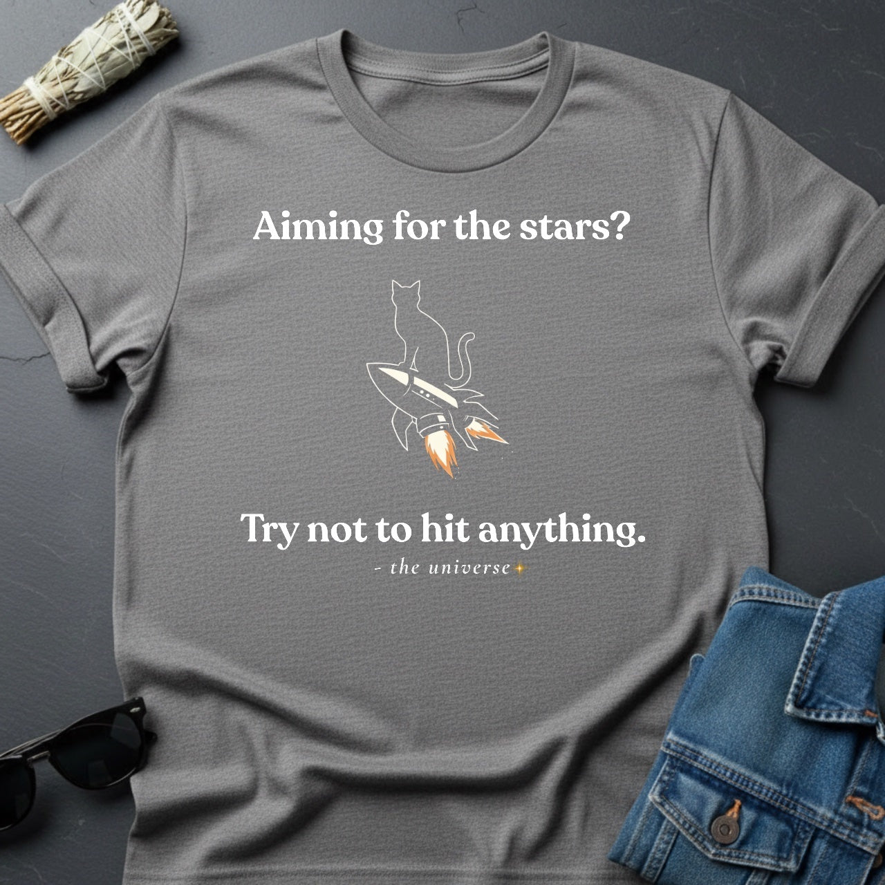 Aiming for the Stars? Sarcastic Cat Rocket T-Shirt | Youniverses - Youniverses