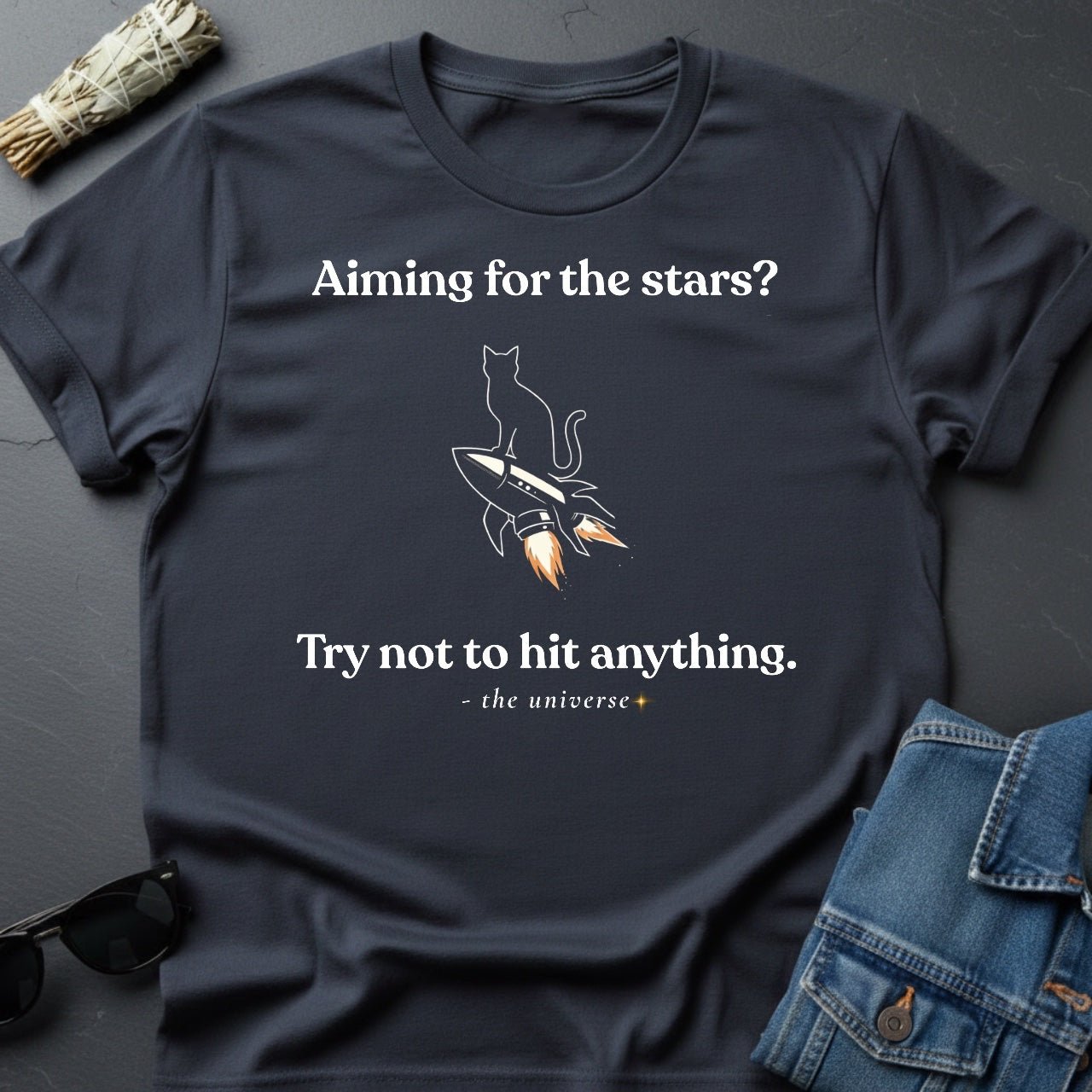 Aiming for the Stars? Sarcastic Cat Rocket T-Shirt | Youniverses - Youniverses