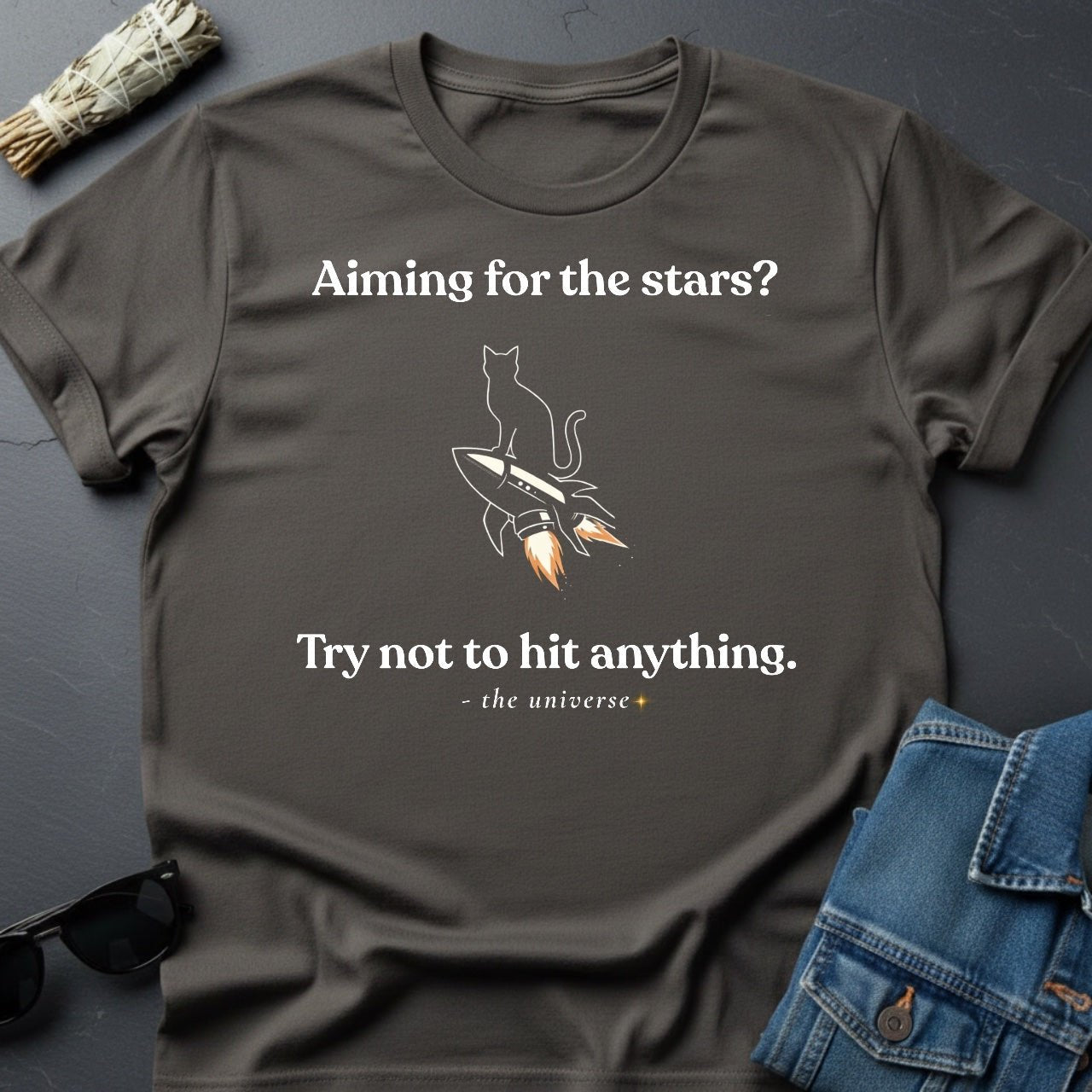 Aiming for the Stars? Sarcastic Cat Rocket T-Shirt | Youniverses - Youniverses