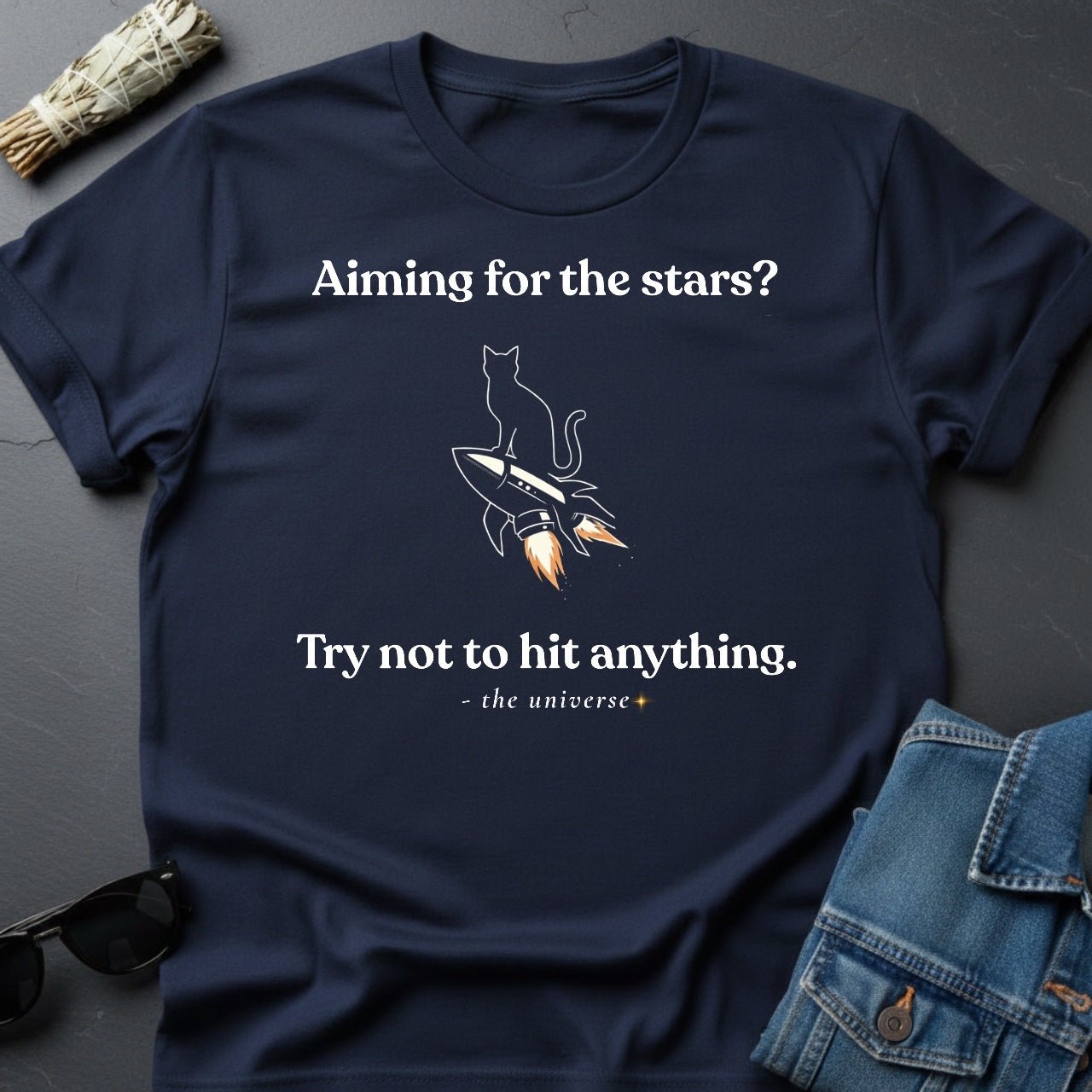 Aiming for the Stars? Sarcastic Cat Rocket T-Shirt | Youniverses - Youniverses