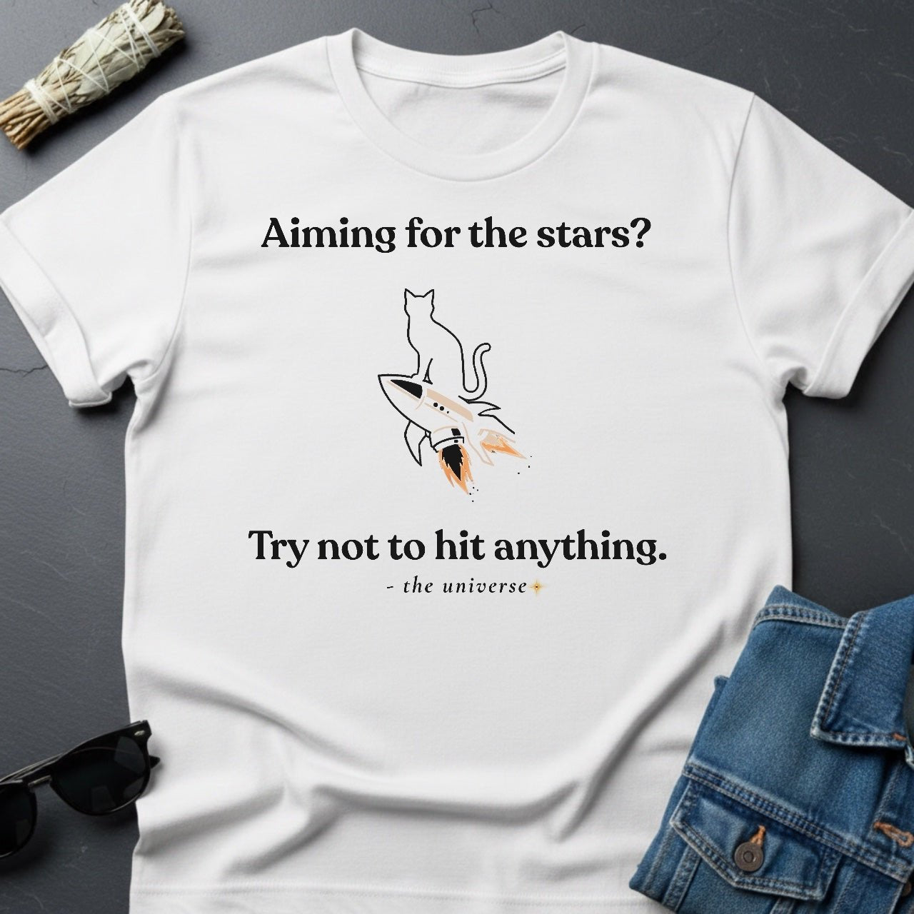 Aiming for the Stars? Sarcastic Cat Rocket T-Shirt | Youniverses - Youniverses