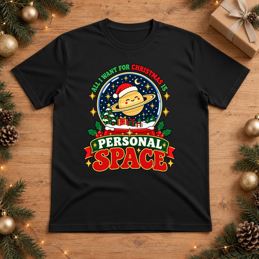 All I Want For Christmas Is Personal Space Saturn Snow Globe T-Shirt - Black