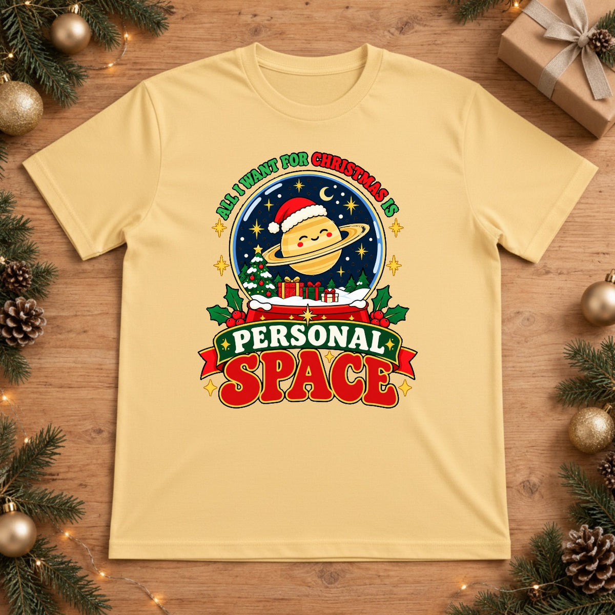 All I Want For Christmas Is Personal Space Saturn Snow Globe T-Shirt - Butter