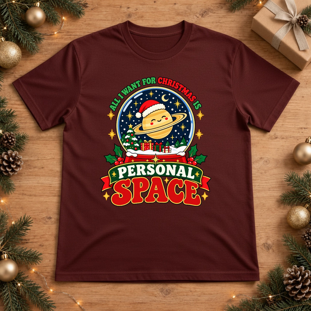 All I Want For Christmas Is Personal Space Saturn Snow Globe T-Shirt - Chili