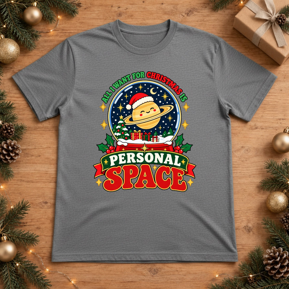 All I Want For Christmas Is Personal Space Saturn Snow Globe T-Shirt - Grey