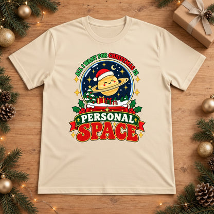 All I Want For Christmas Is Personal Space Saturn Snow Globe T-Shirt - Ivory