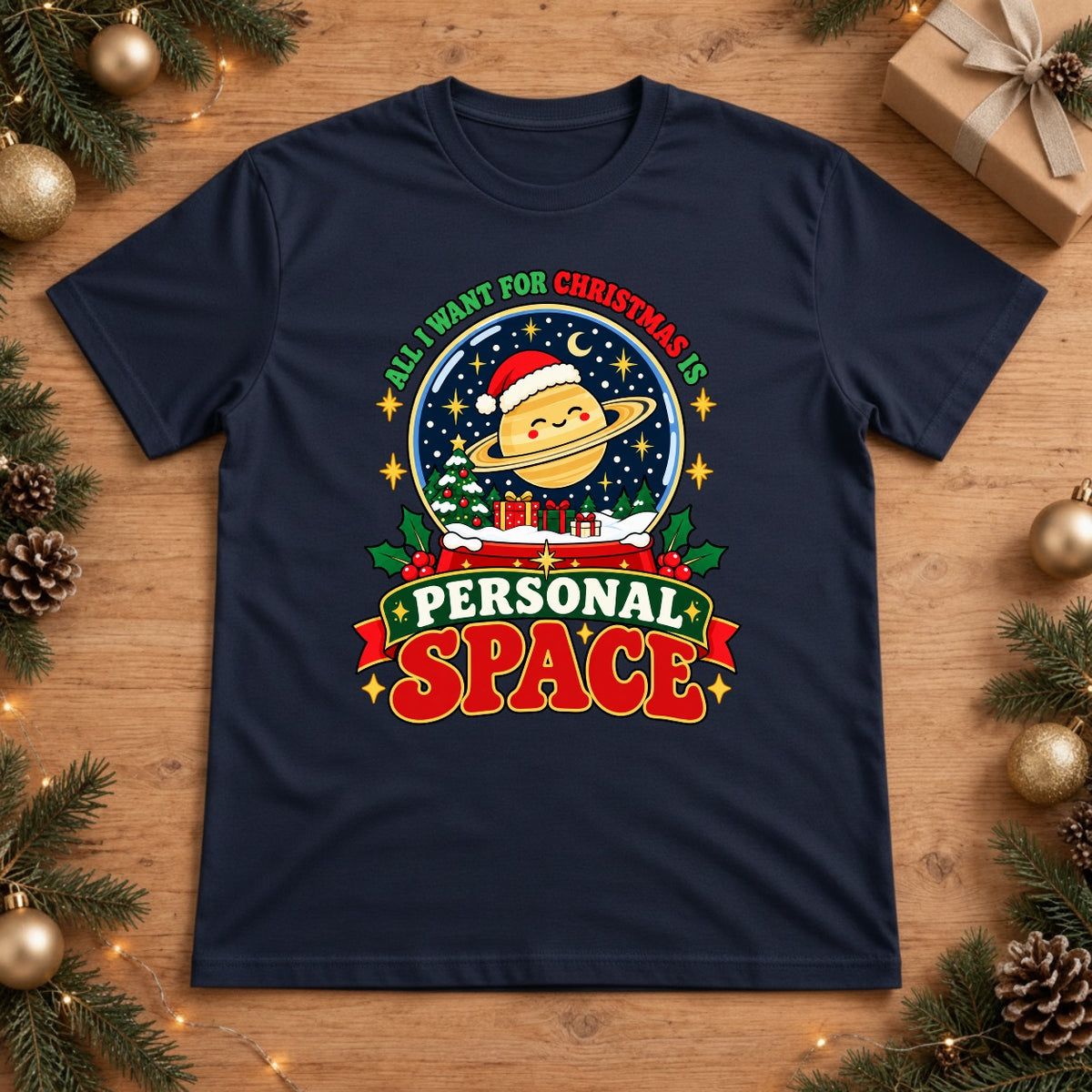 All I Want For Christmas Is Personal Space Saturn Snow Globe T-Shirt - True Navy