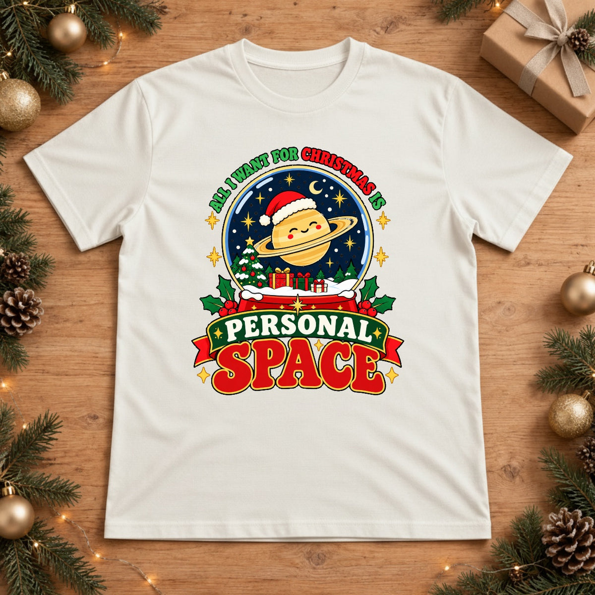 All I Want For Christmas Is Personal Space Saturn Snow Globe T-Shirt - White