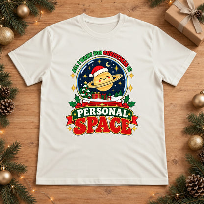 All I Want For Christmas Is Personal Space Saturn Snow Globe T-Shirt - White