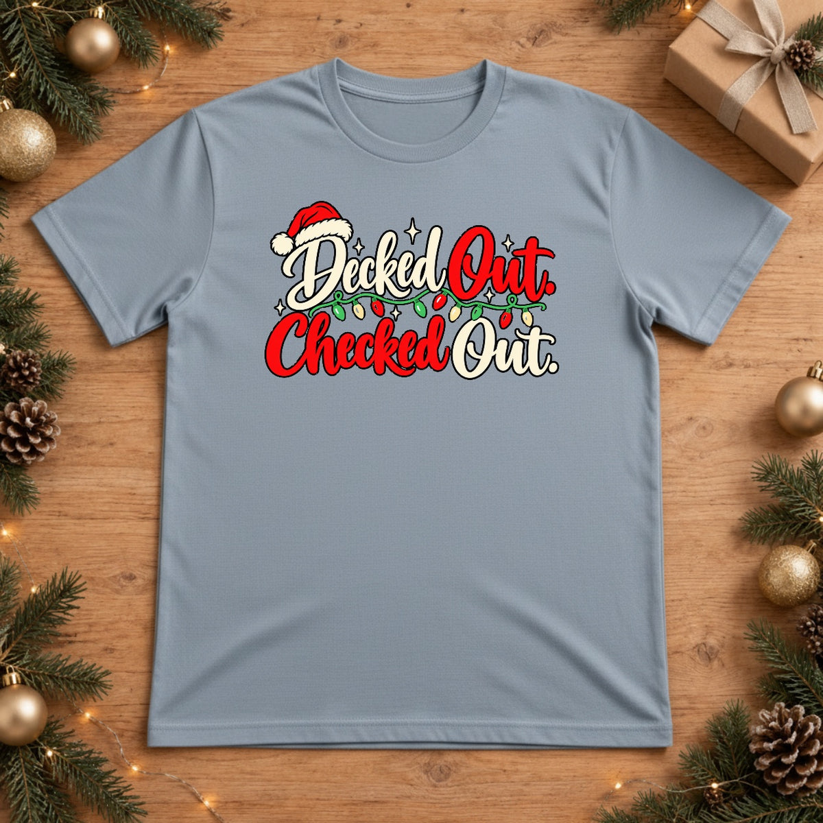 Decked Out Checked Out Christmas T-shirt - Chambray