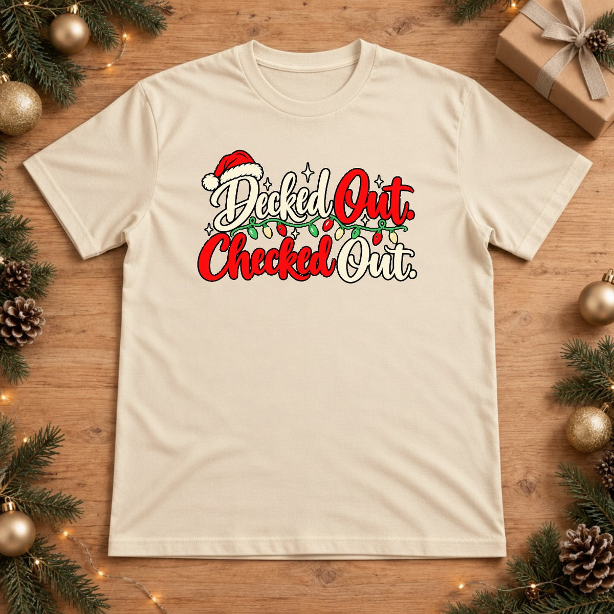 Decked Out Checked Out Christmas T-shirt - Ivory