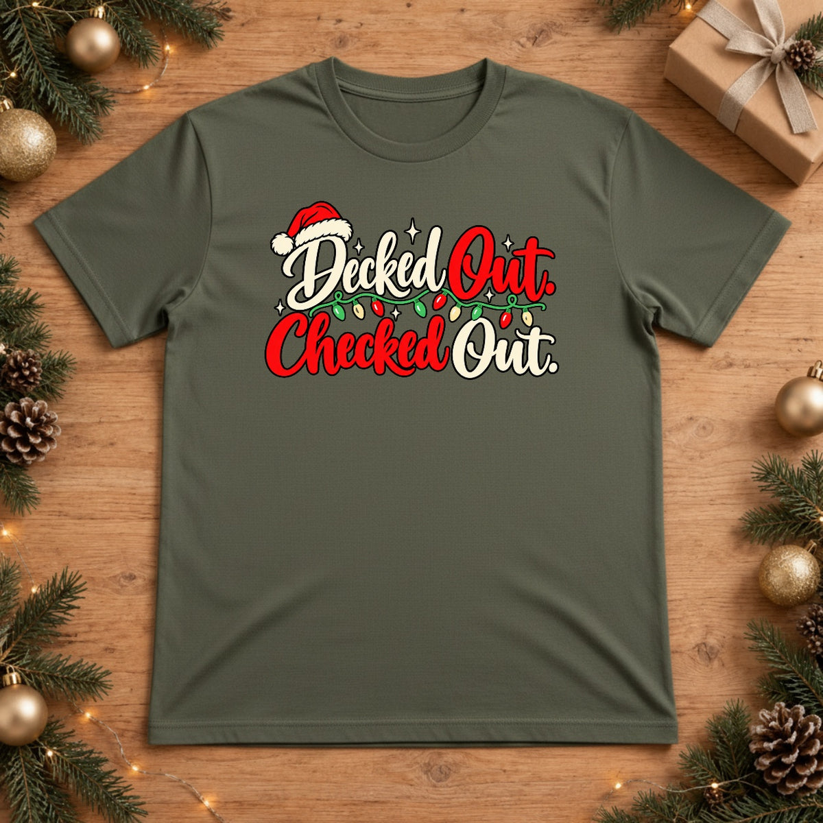 Decked Out Checked Out Christmas T-shirt - Moss