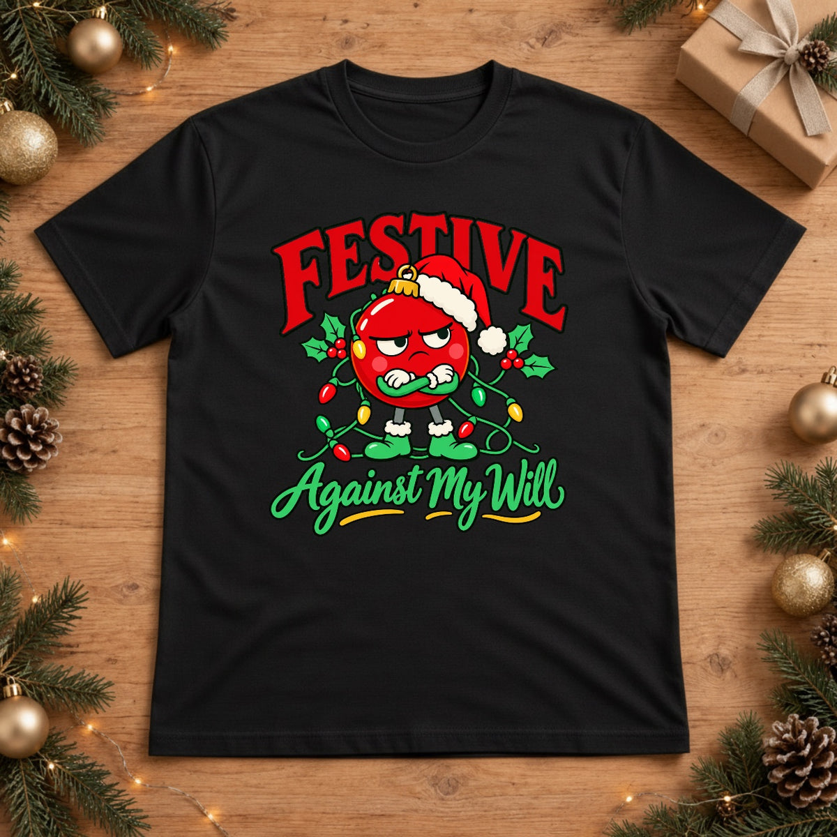 Festive Against My Will Grumpy Ornament Christmas Lights Graphic T-Shirt - Black