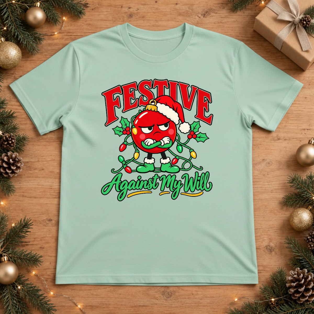 Festive Against My Will Grumpy Ornament Christmas Lights Graphic T-Shirt - Chalky Mint