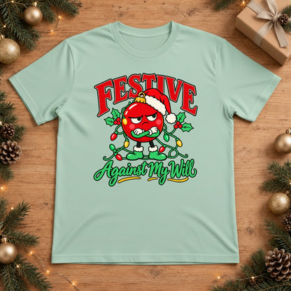 Festive Against My Will Grumpy Ornament Christmas Lights Graphic T-Shirt - Chalky Mint