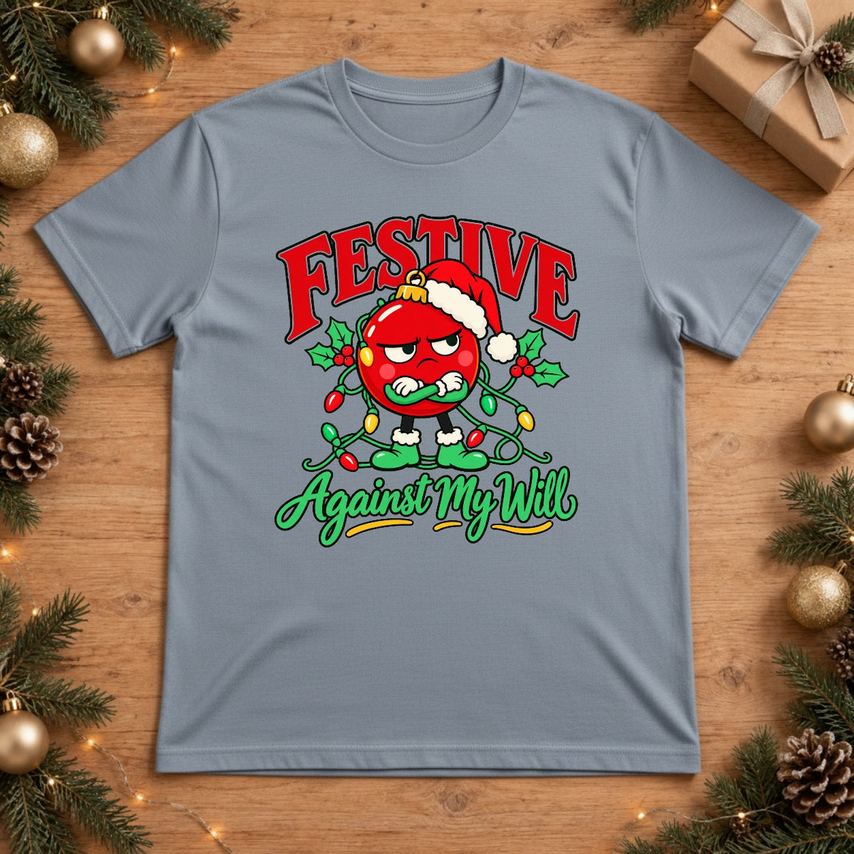 Festive Against My Will Grumpy Ornament Christmas Lights Graphic T-Shirt - Chambray