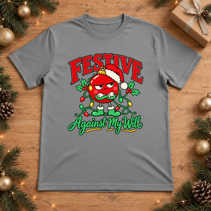 Festive Against My Will Grumpy Ornament Christmas Lights Graphic T-Shirt - Grey