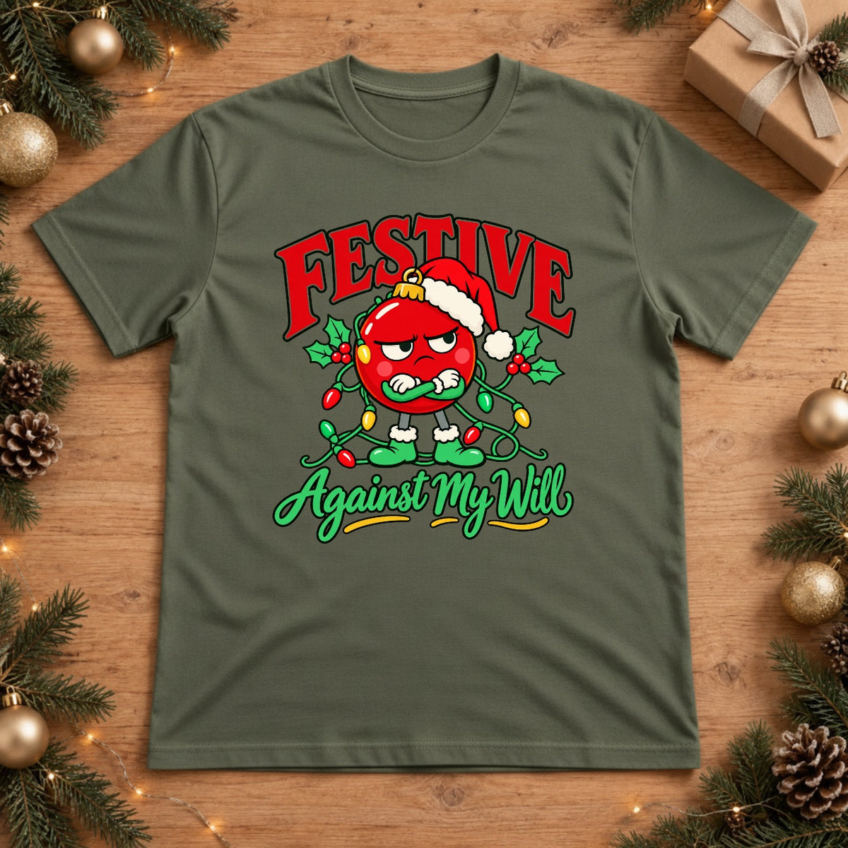 Festive Against My Will Grumpy Ornament Christmas Lights Graphic T-Shirt - Moss