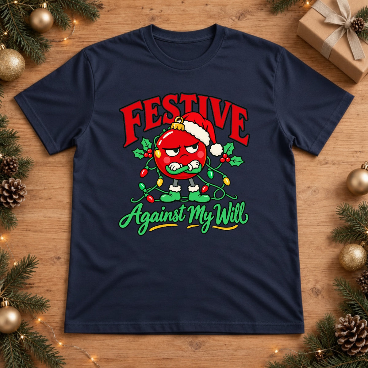 Festive Against My Will Grumpy Ornament Christmas Lights Graphic T-Shirt - True Navy