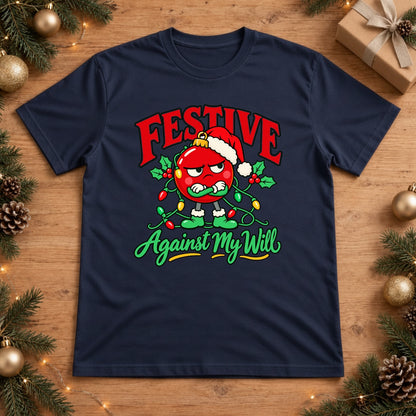 Festive Against My Will Grumpy Ornament Christmas Lights Graphic T-Shirt - True Navy