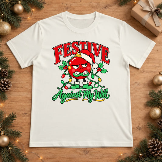 Festive Against My Will Grumpy Ornament Christmas Lights Graphic T-Shirt - White