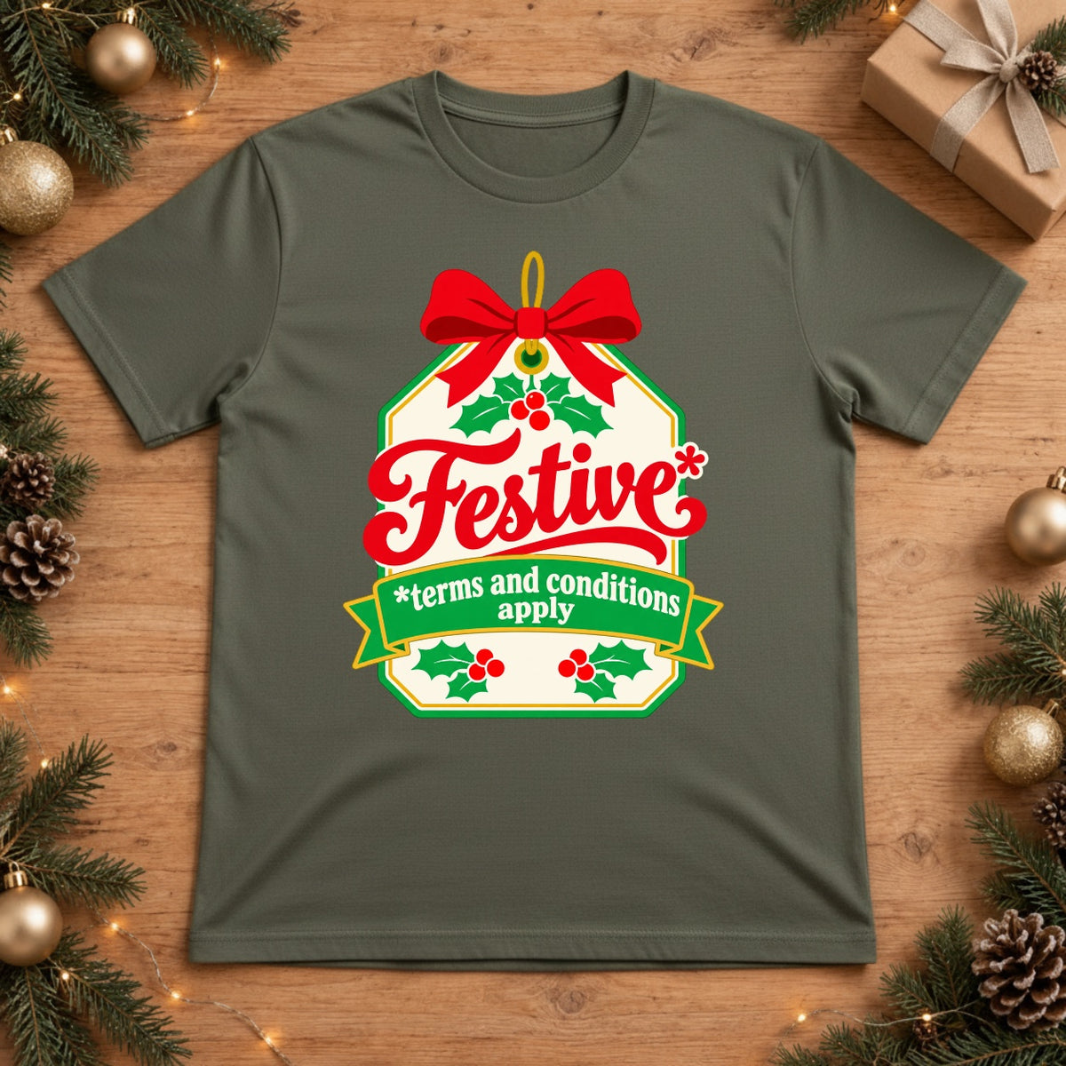 Festive Holiday Tag with Red Bow and Holly Accents - Moss