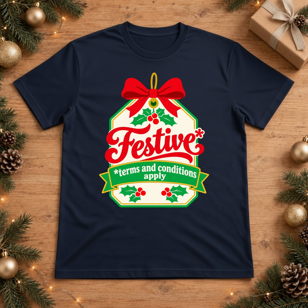 Festive Holiday Tag with Red Bow and Holly Accents - True Navy