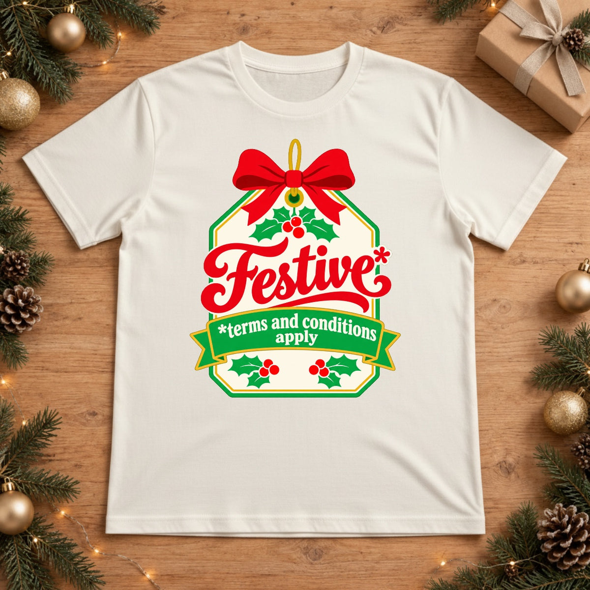 Festive Holiday Tag with Red Bow and Holly Accents - White