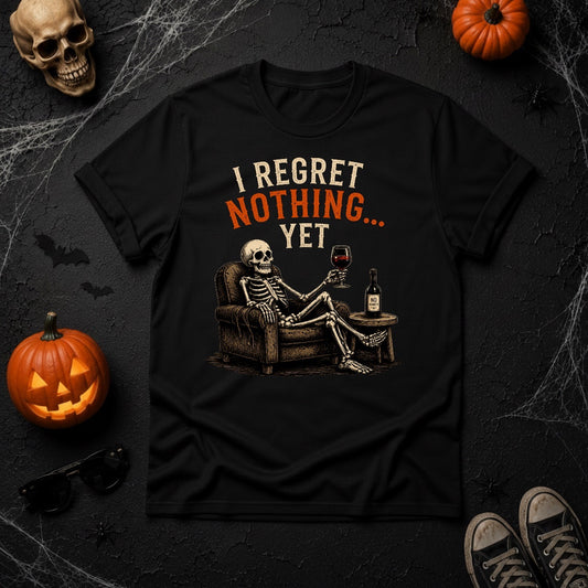 I Regret Nothing Yet Skeleton Wine T-Shirt - Black